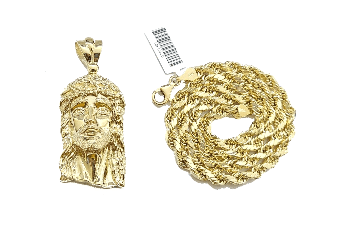 10k Gold Jesus Head Charm Rope Chain Necklace 6mm 20'' Set & Pendant 10kt REAL - GoldenlinQ
